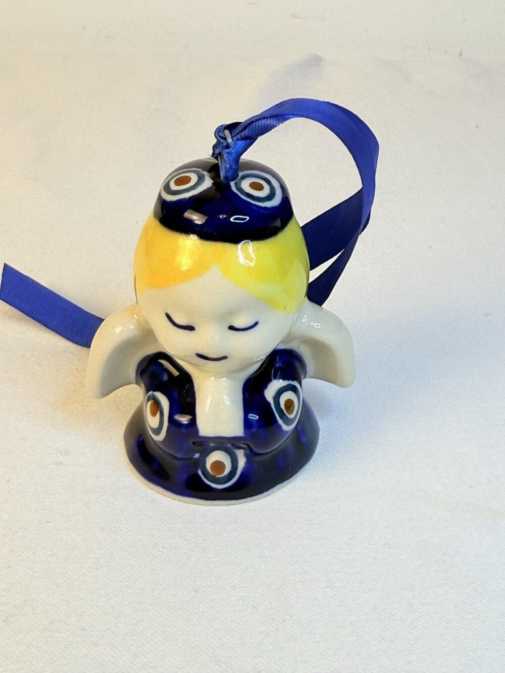 Polish Pottery 4” Angel Ornament Cobalt Blue Mosquito Pattern6